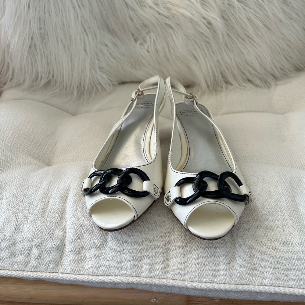 Merona Lexia White Peep-Toe Slingback Flats with Black Chain Accent